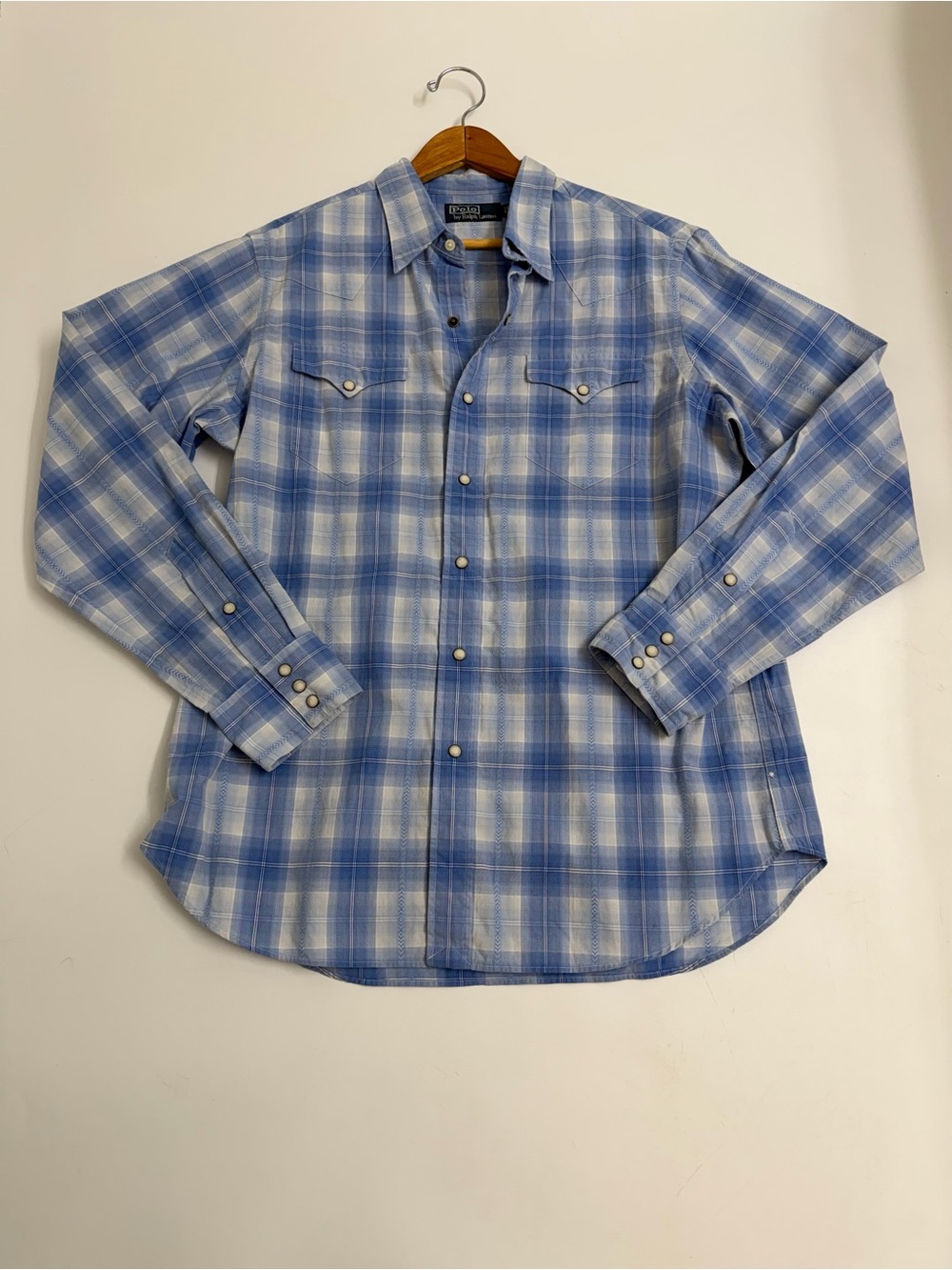 Vintage 90s Polo Ralph Lauren Western Shirt L Pearl Snap Blue Plaid Cowboy